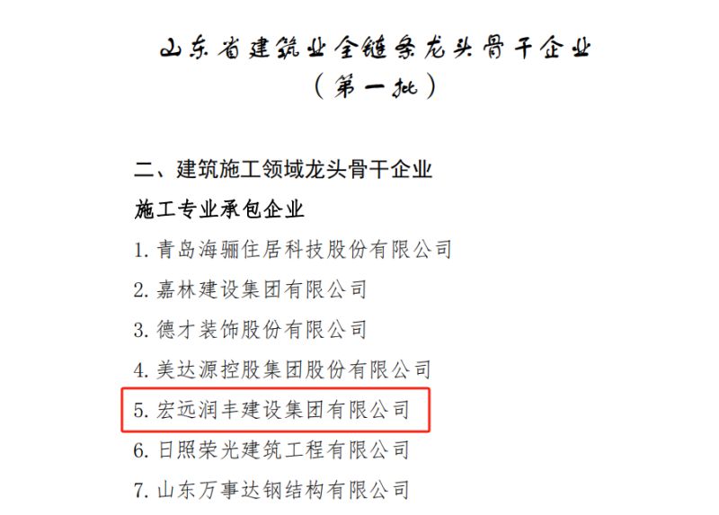 喜報！宏遠潤豐建設(shè)集團有限公司榮獲山東省建筑業(yè)全鏈條龍頭骨干企業(yè)（外出施工領(lǐng)域類）